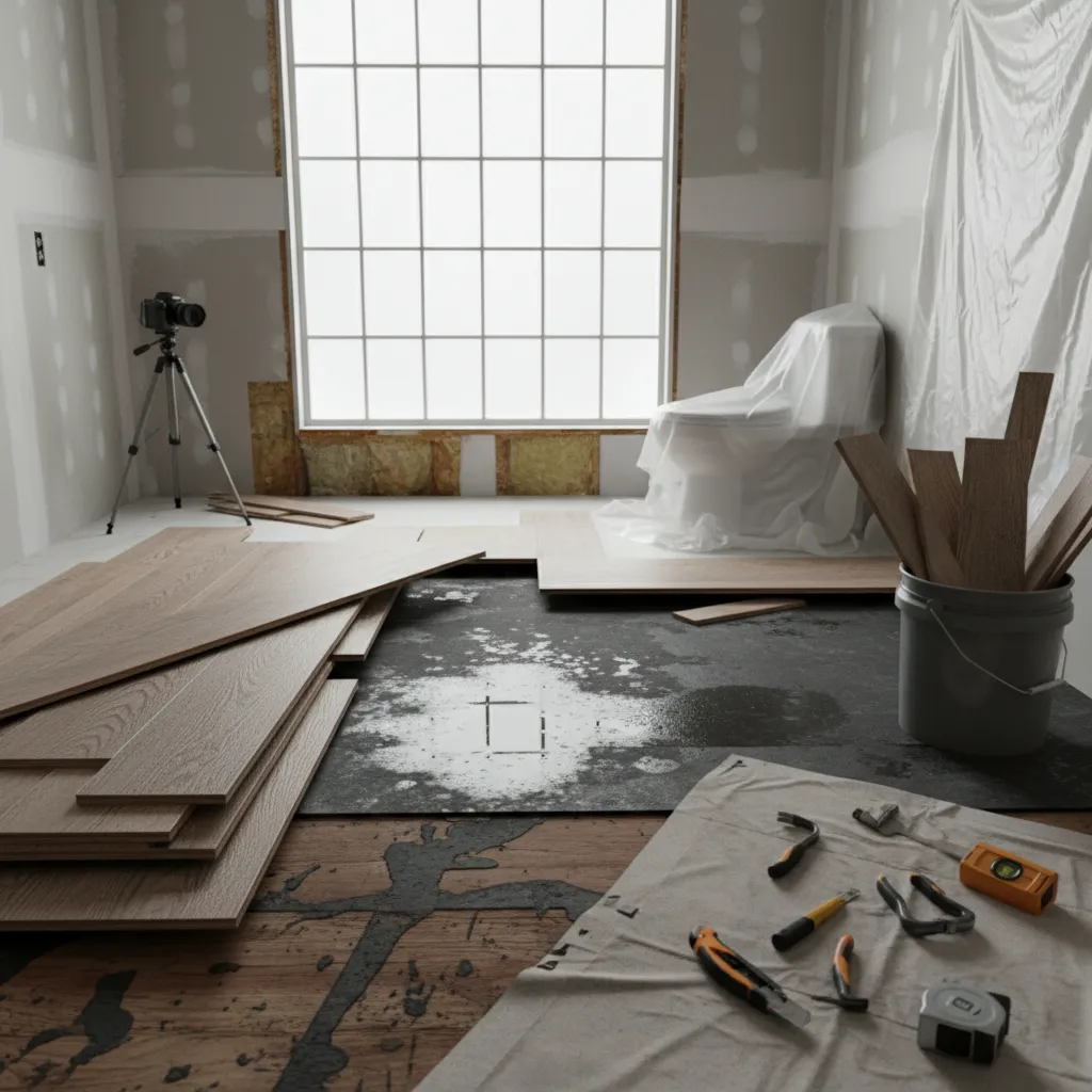 floating floor planks lifted showing damp underlayment in bathroom