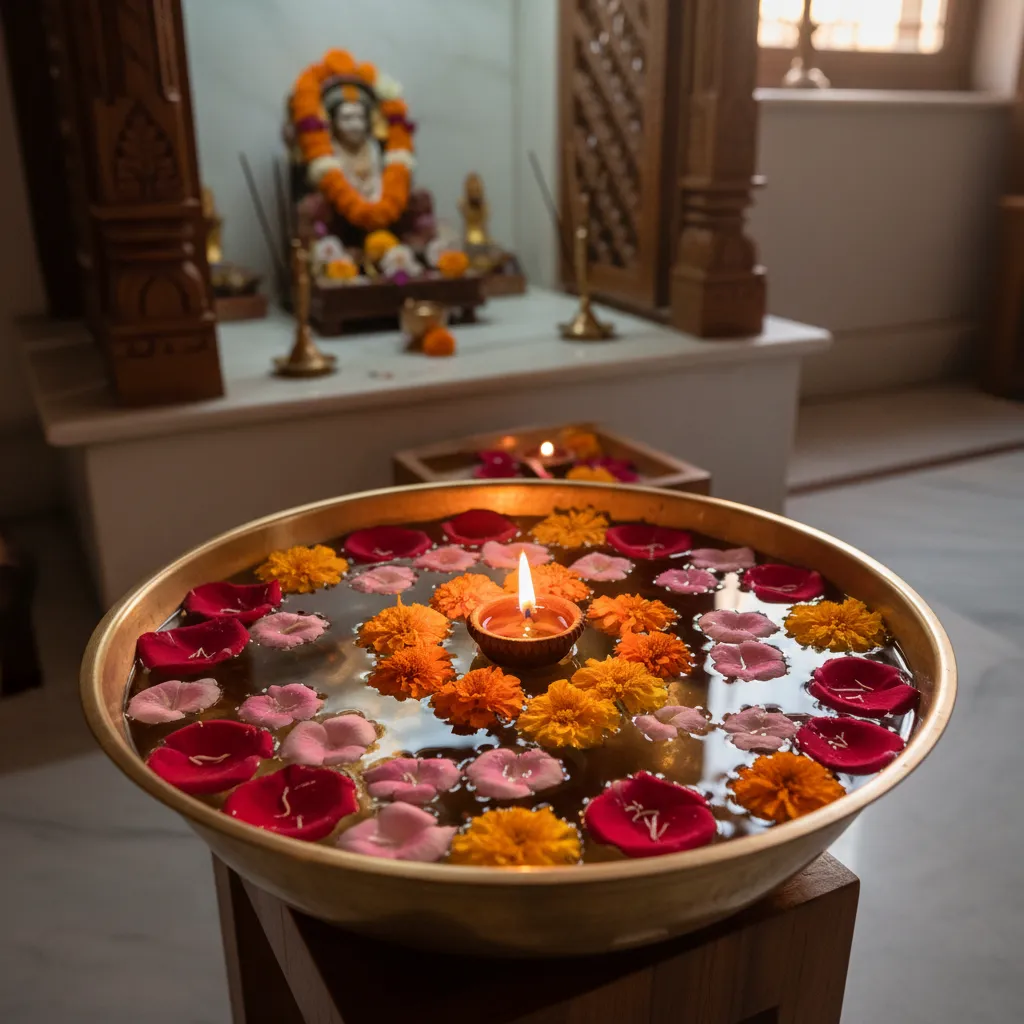 Brass bowl with floating flowers and diya for pooja decoration