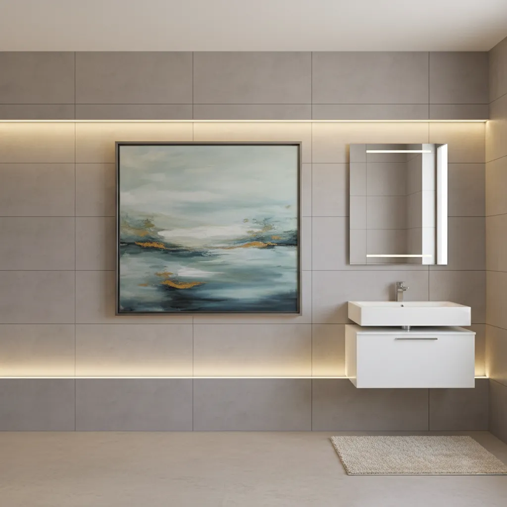 bathroom wall art mounted with floating frame allowing airflow