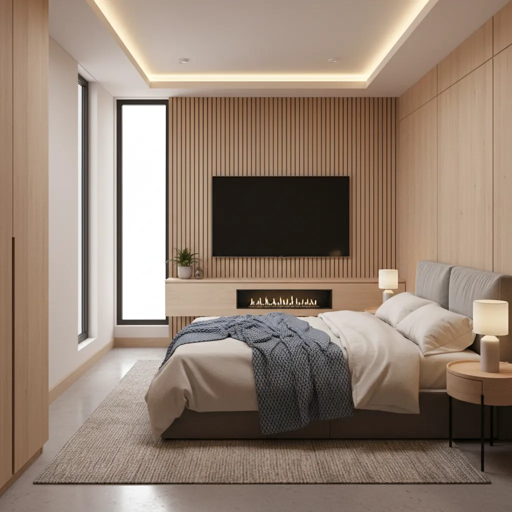 small bedroom with floating furniture and wall mounted tv modern design