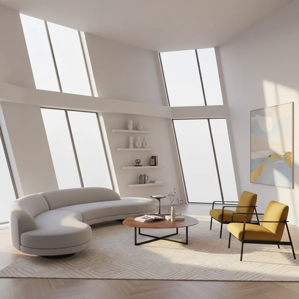 Floating furniture layout in an irregular living room with sofa away from walls