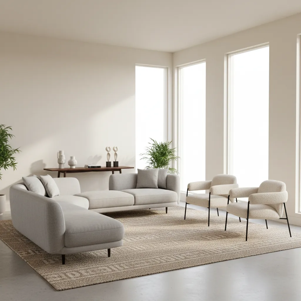 Floating furniture layout with sofa positioned away from the wall in a rectangular living room