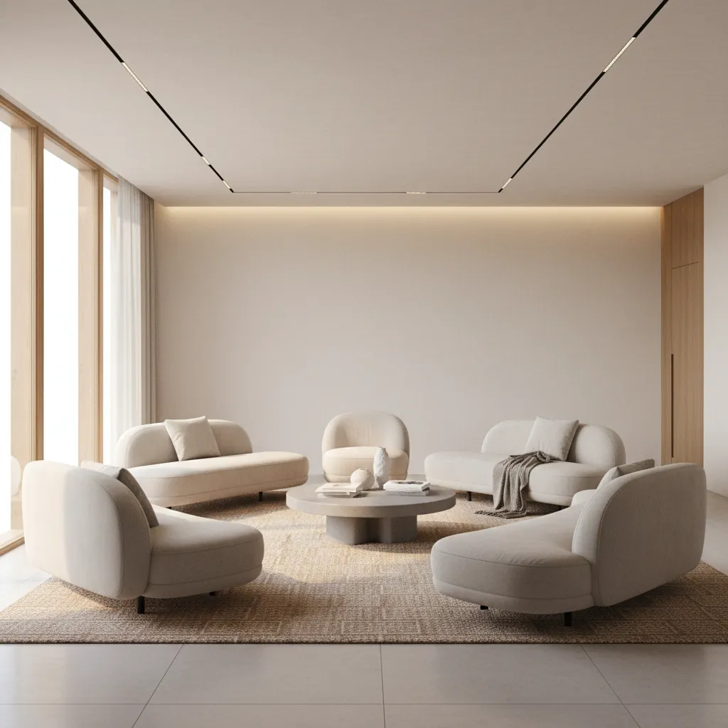 Living room with floating sofa and chairs forming a central conversation area