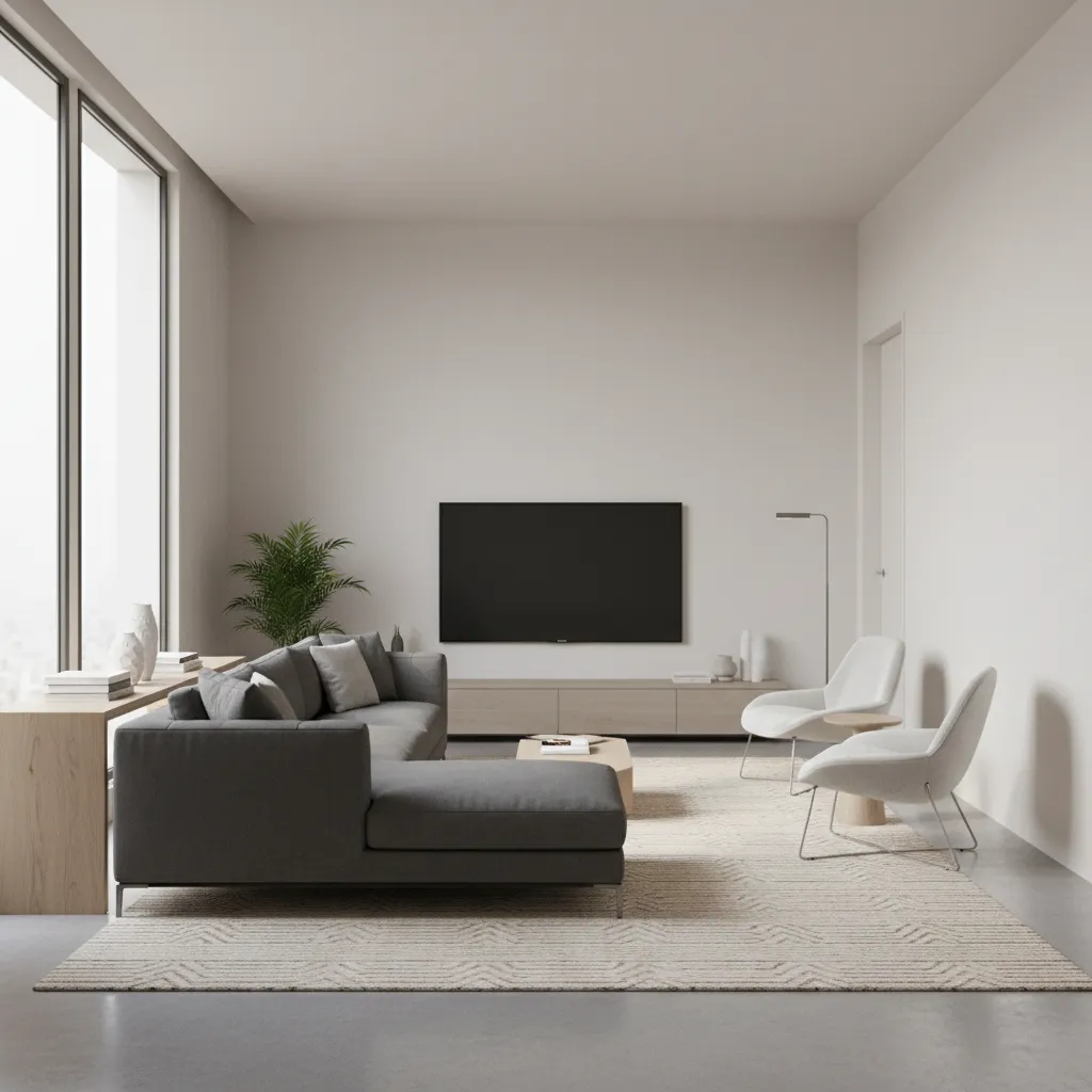 floating sofa layout in narrow living room with rug defining seating area