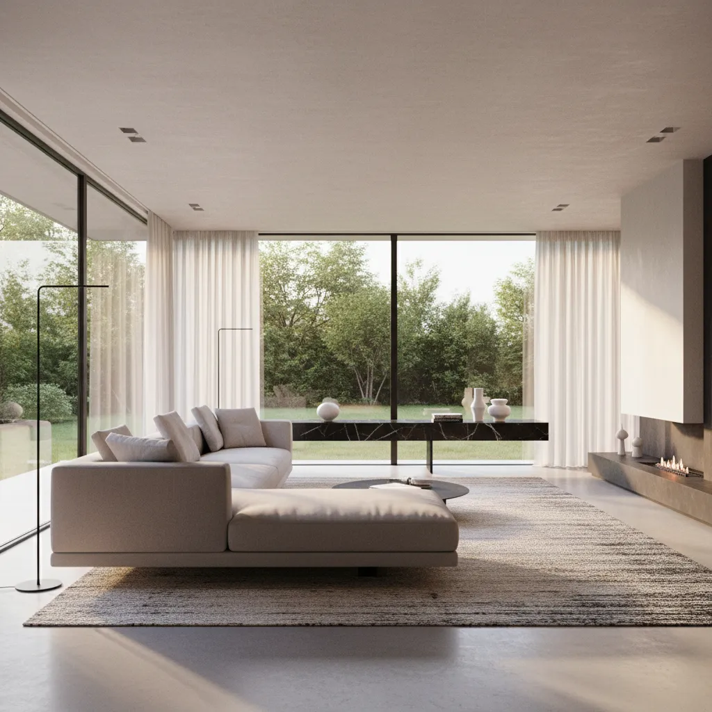 Open concept living room with floating sofa layout and sliding glass doors