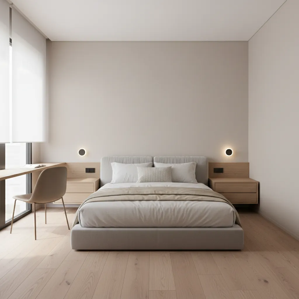minimalist bedroom with floating nightstand and wall mounted desk