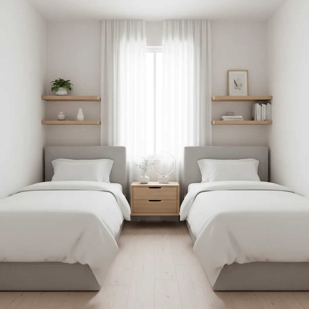 Small bedroom with wall mounted nightstands and shelves between two beds