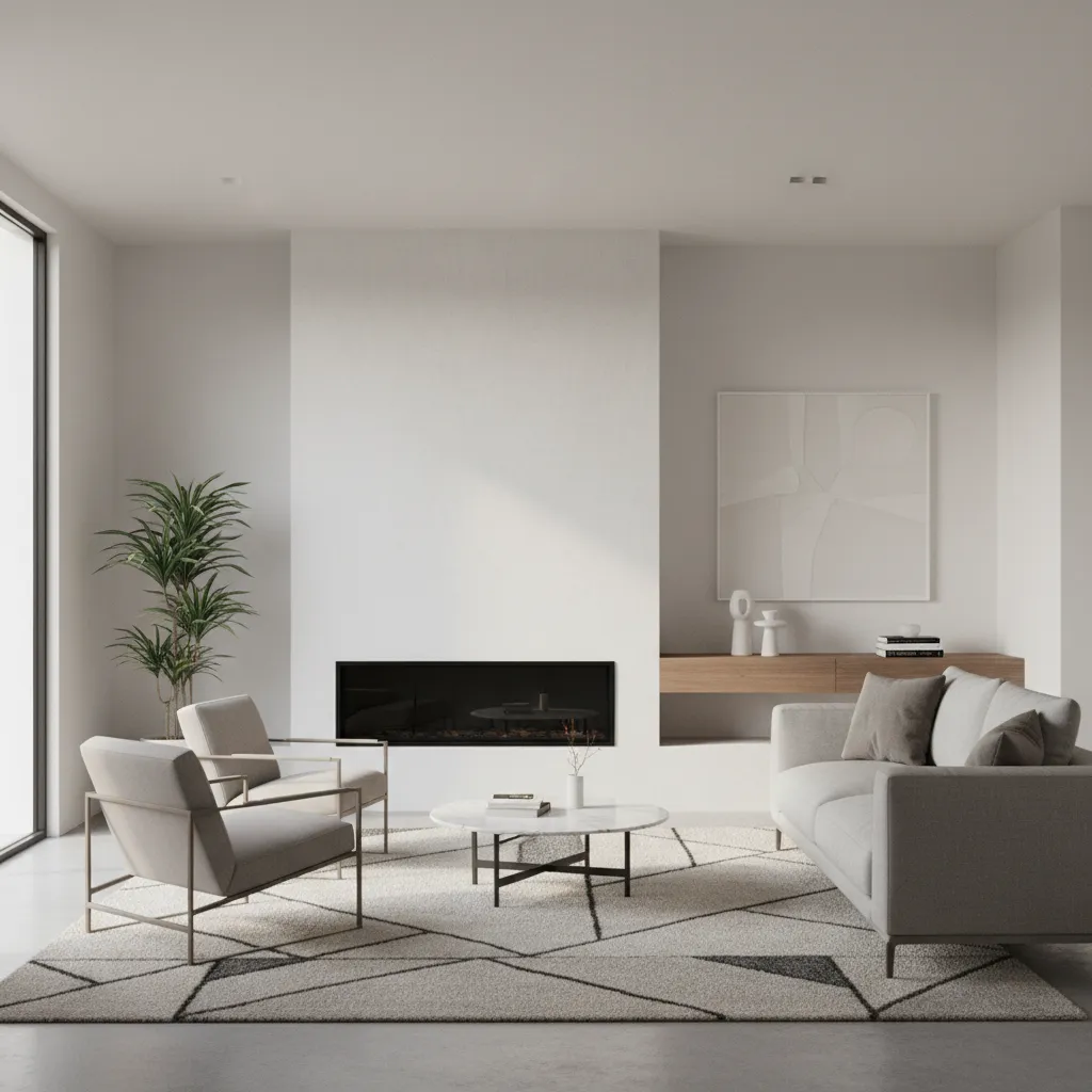 Floating sofa layout in a small living room with fireplace and open walkways