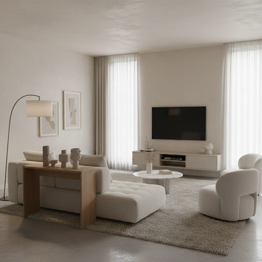 small living room with sofa slightly away from wall showing floating furniture layout