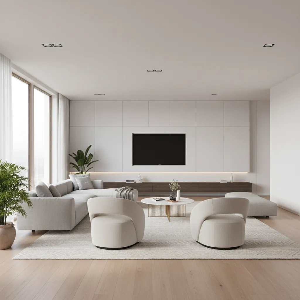 Floating furniture arrangement in square living room with wall mounted TV