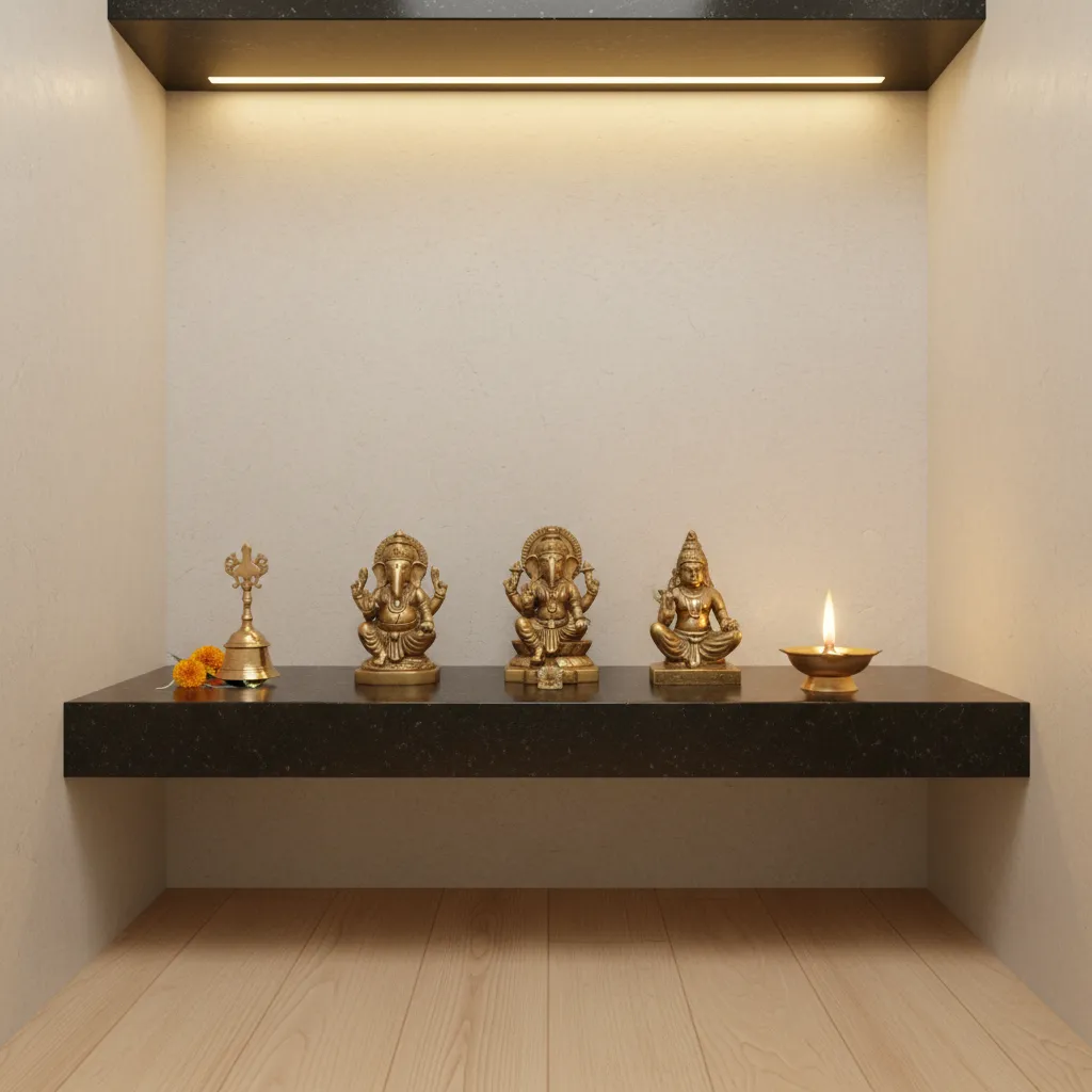 Floating granite shelf pooja design for small apartment shrine