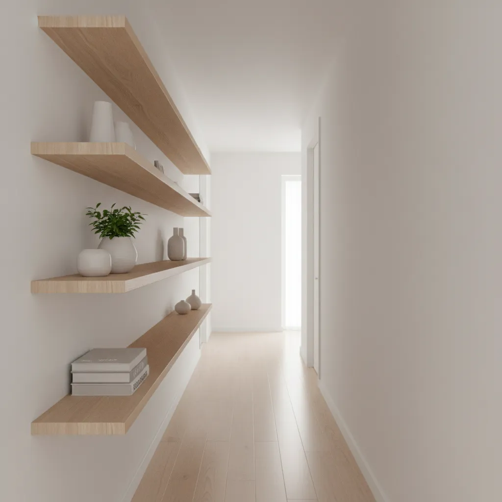 Modern hallway with floating wooden shelves displaying minimal decor