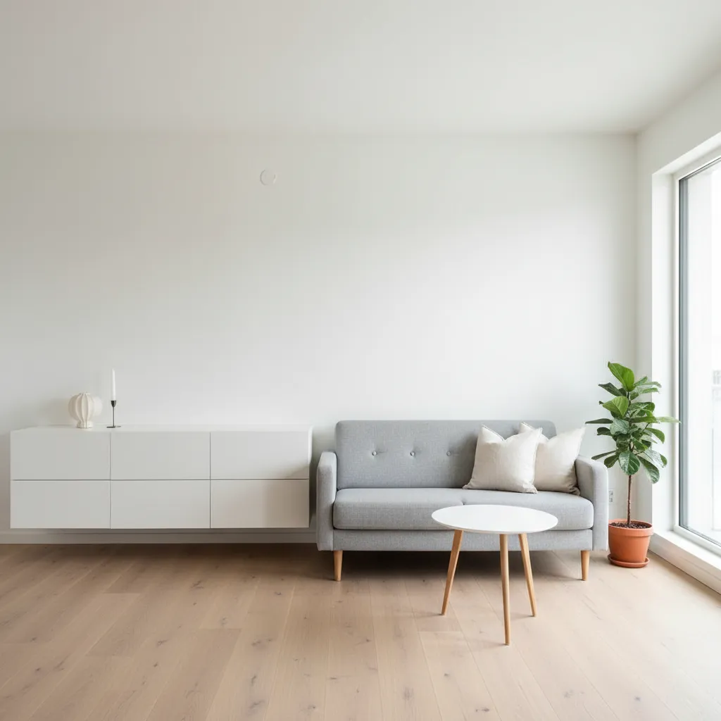 Minimalist living room with floating IKEA wall storage and clean floor space