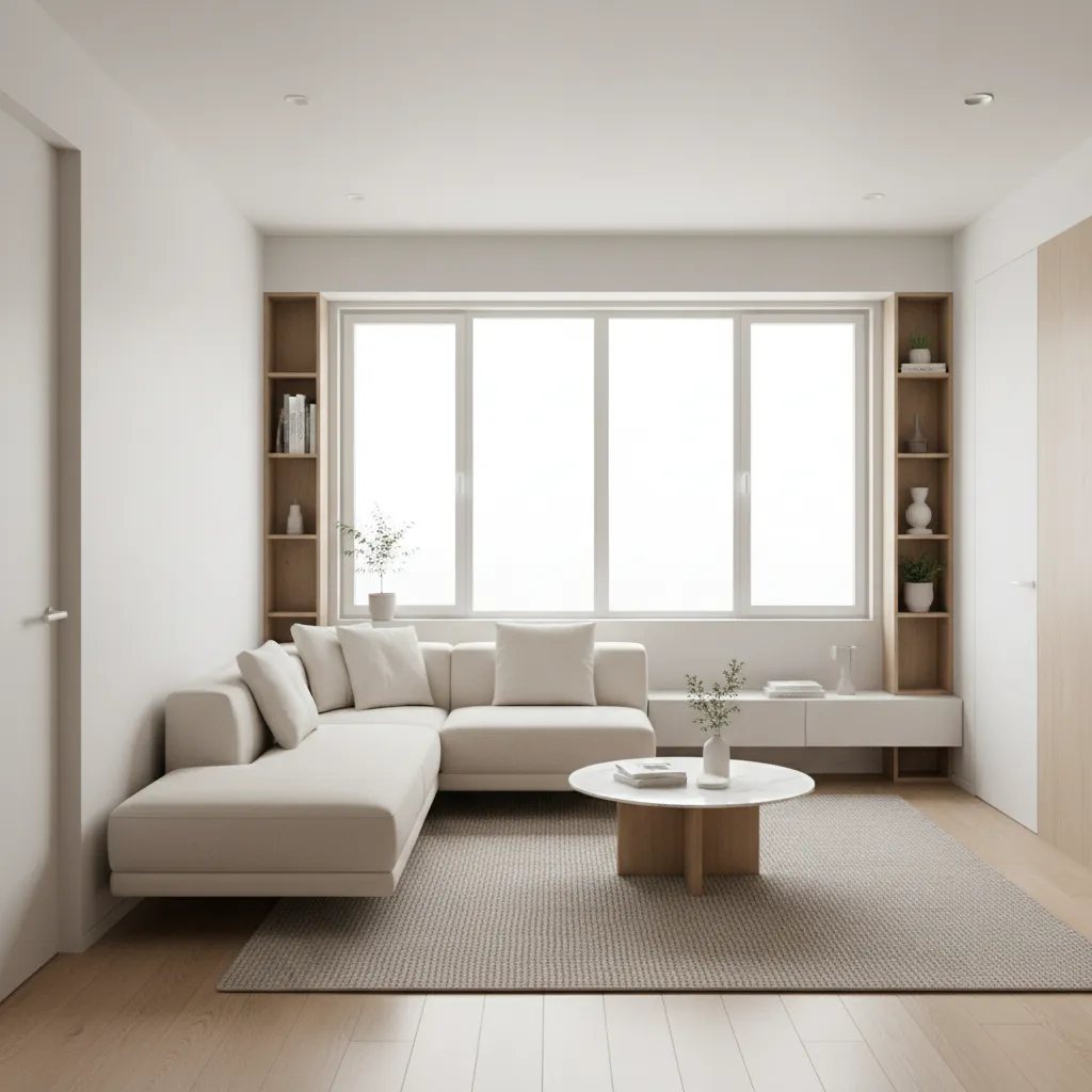 Floating L shaped sectional layout in a small open plan apartment