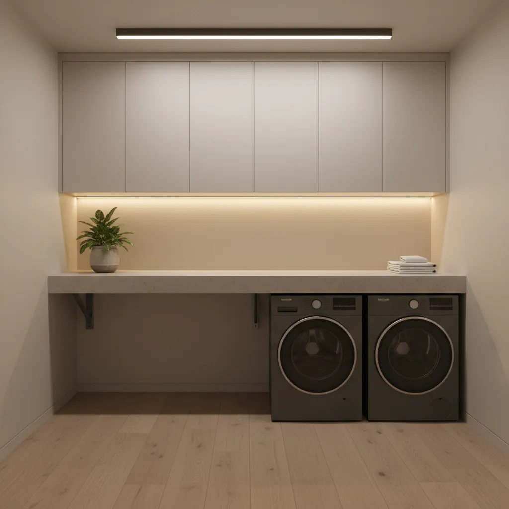 Minimalist floating laundry countertop design with hidden support