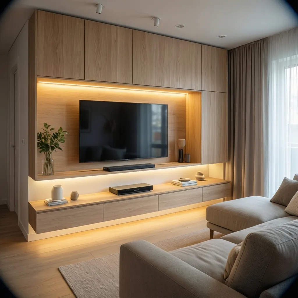 Small living room with floating LED TV cabinet design