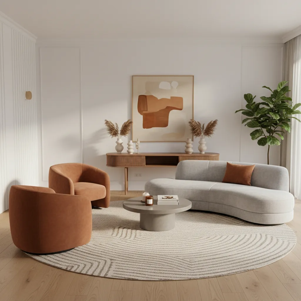 Modern living room with curved sofa two orange chairs round rug cabinet and wood flooring