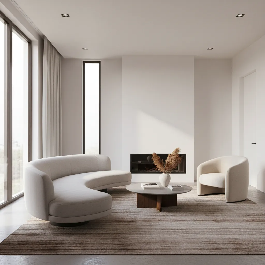 Living room with floating sofa and chairs arranged on a large rug