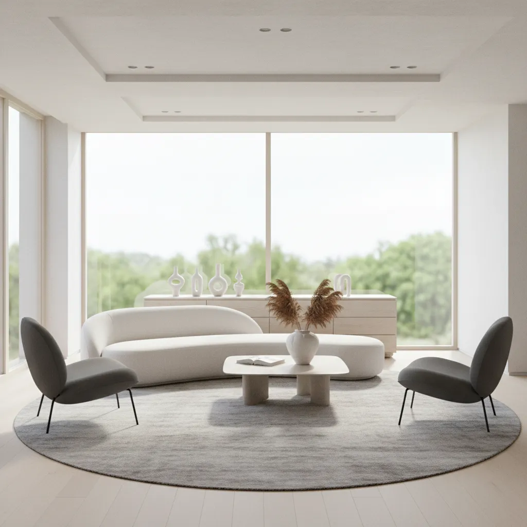 Floating furniture layout with sofa and chairs forming a central conversation area