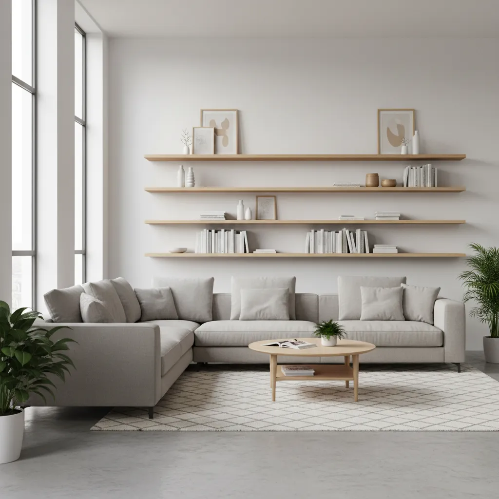 floating wall mounted showcase shelves with decor in modern living room