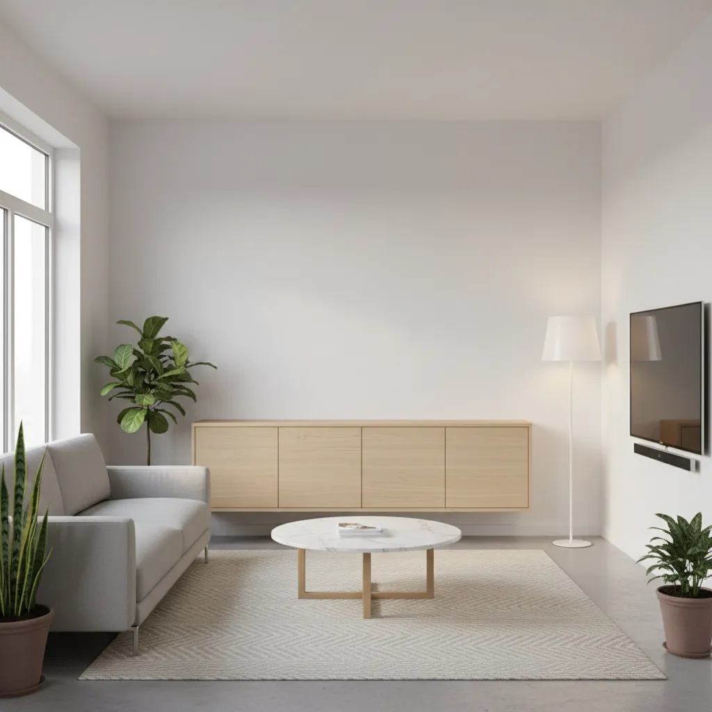 Floating wall cabinets in a modern small living room