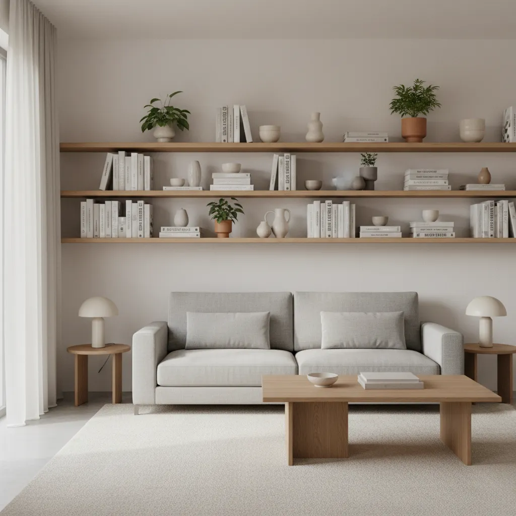 Minimalist living room with floating wall shelves above a sofa