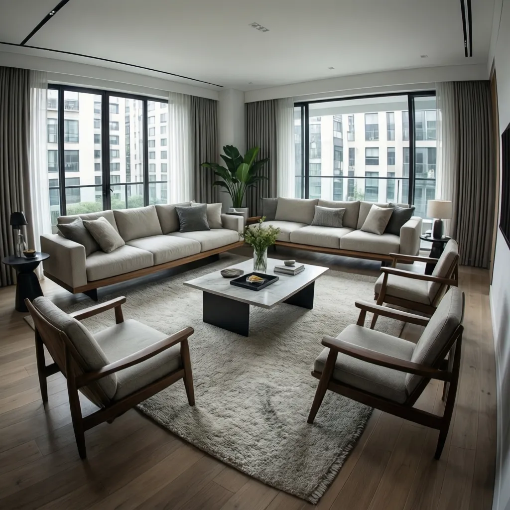 Open living room with floating seating area organized around a rug