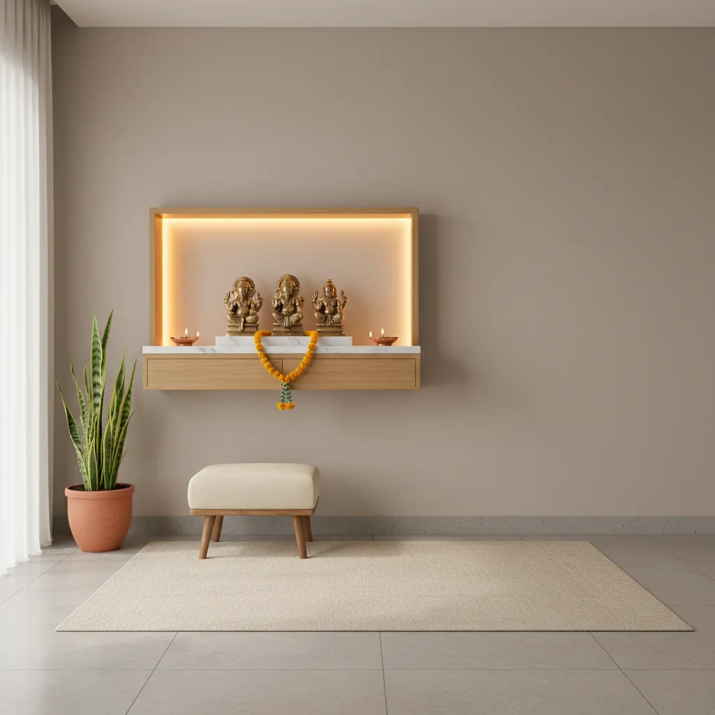 Minimal floating mandir shelf with backlit panel in modern apartment