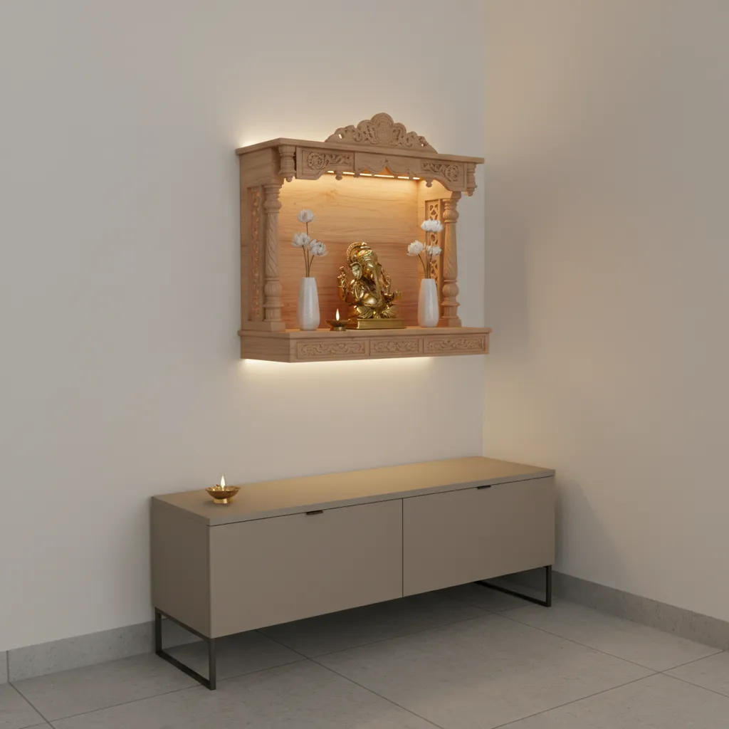 floating mandir shelf above storage cabinet