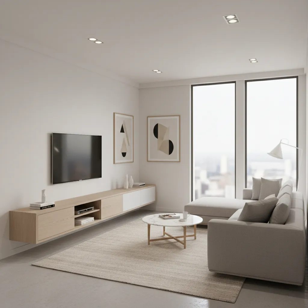 floating media console under wall mounted TV in small living room