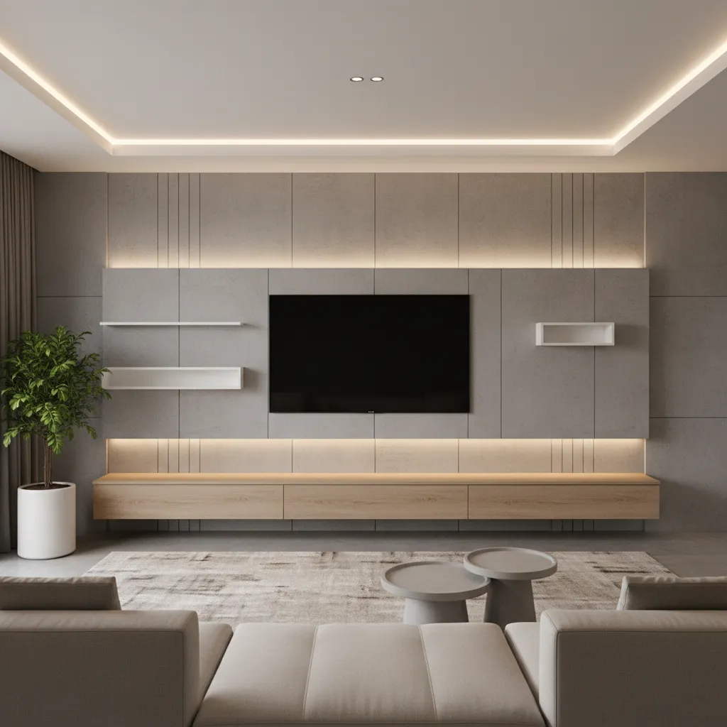 Modern TV wall with floating media console and minimalist shelving