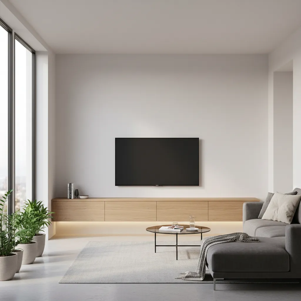 Floating media wall cabinet with wall mounted TV in modern apartment