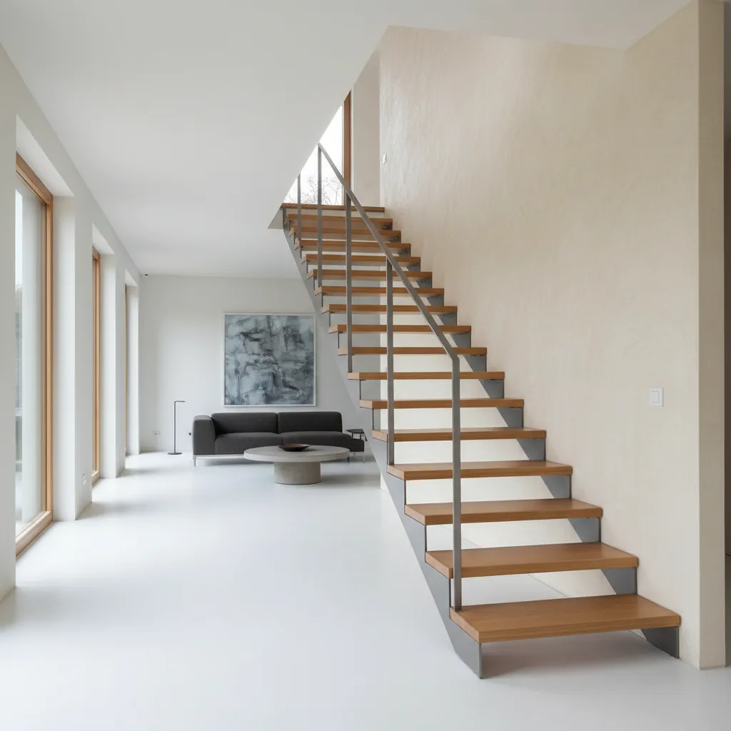 Minimalist white living room featuring wooden floating staircase with metal handrail dark sofa and table
