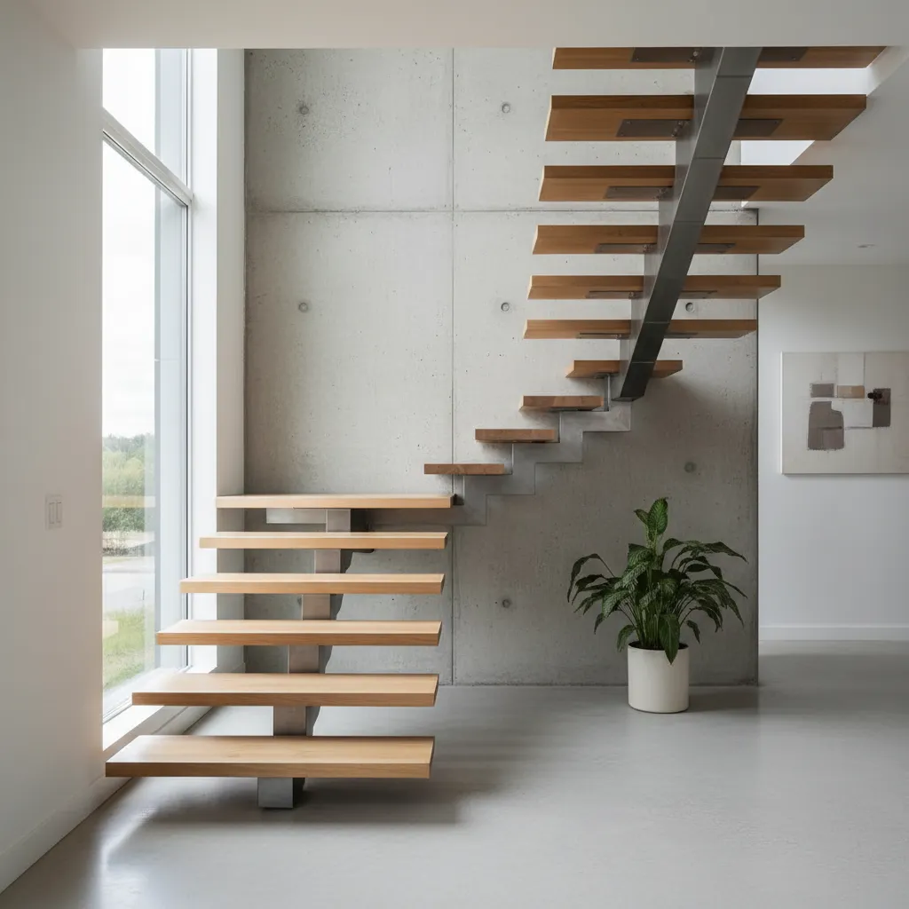 Escalera metálica flotante en una casa moderna