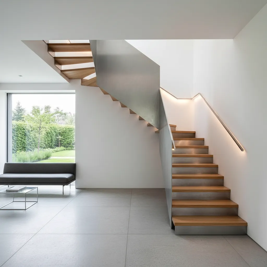Escalera metálica flotante con peldaños de madera en vivienda moderna