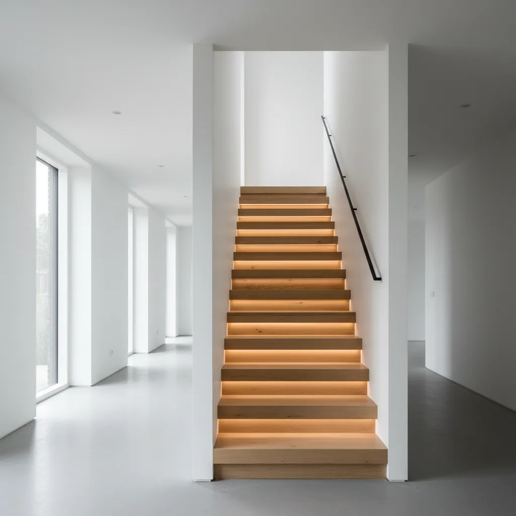 Escalera flotante moderna con peldaños de madera clara