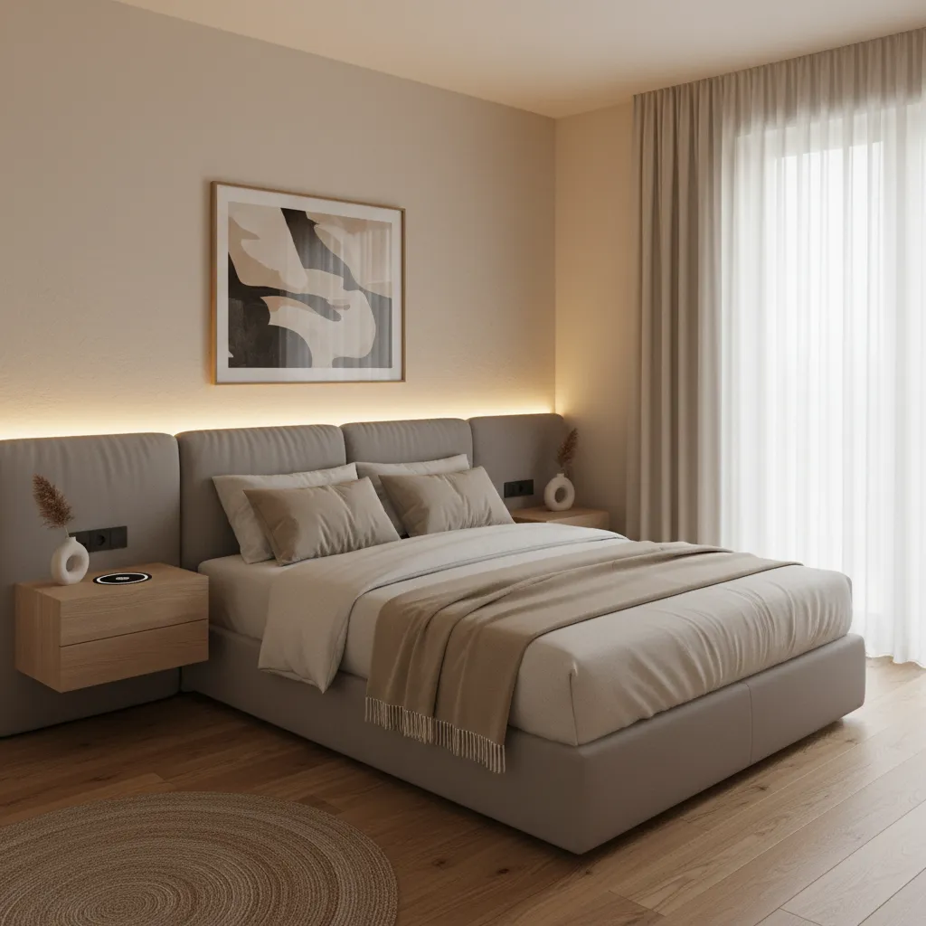 Modern bedroom showing a bed with wooden floating side table fixed to the wall panel