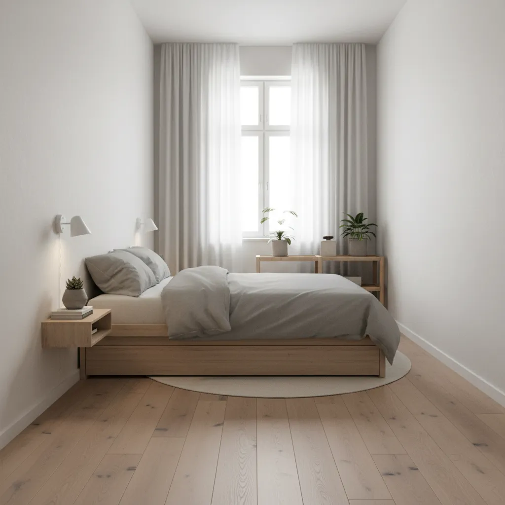 Small bedroom with floating nightstand shelf next to a full bed