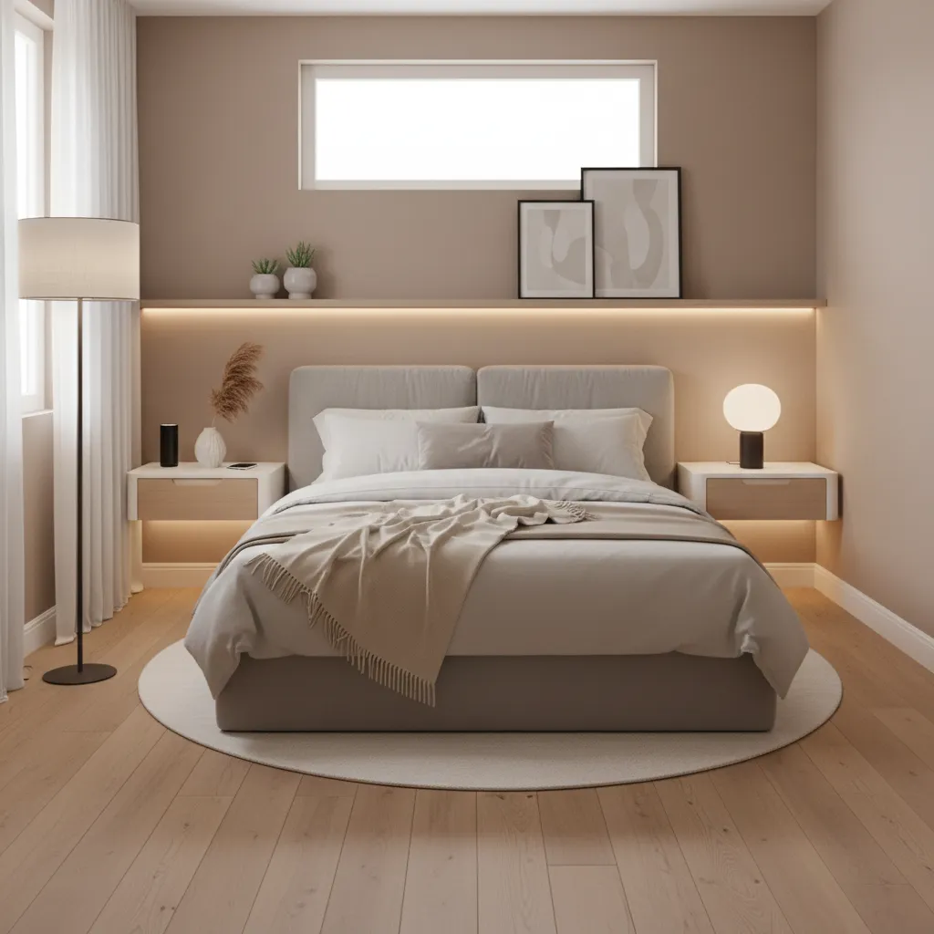Floating wall mounted nightstand beside a bed in a small bedroom