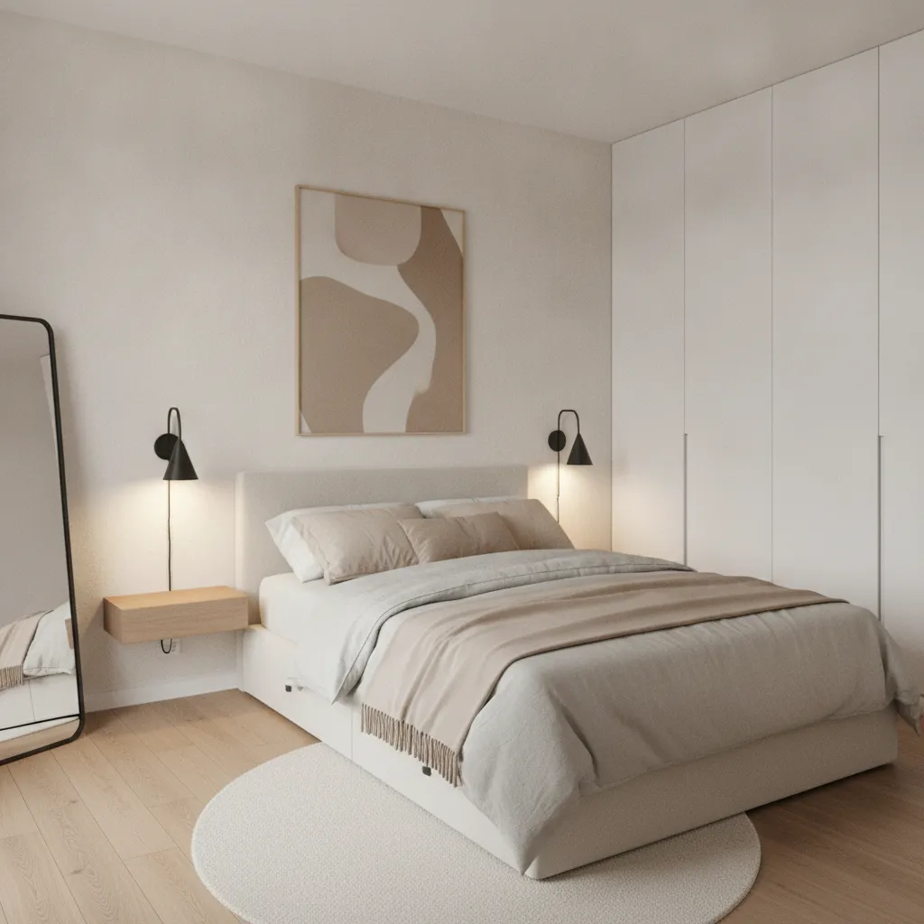 small bedroom with queen bed and floating nightstand and wall sconce