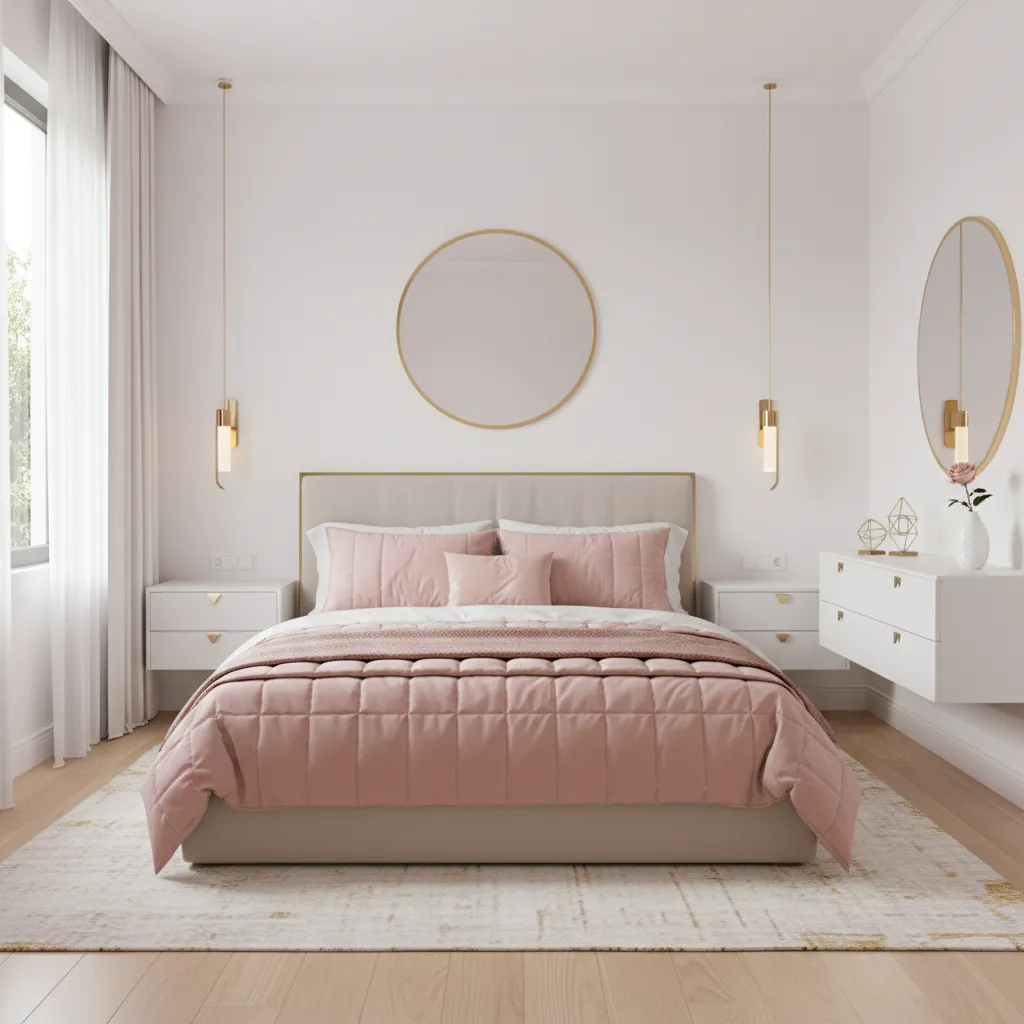 Small bedroom with floating nightstands and centered bed layout