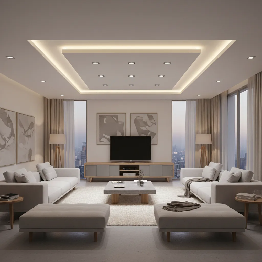 floating rectangular false ceiling panel with recessed lighting in modern living room