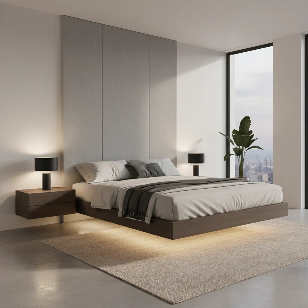 Floating platform bed design creating open floor space