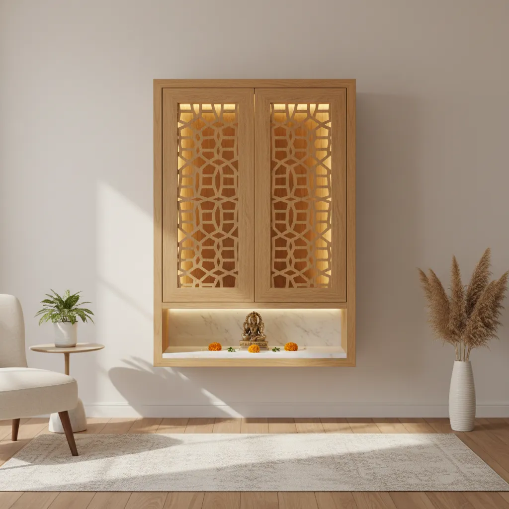 Floating wall mounted pooja cabinet in a compact apartment interior