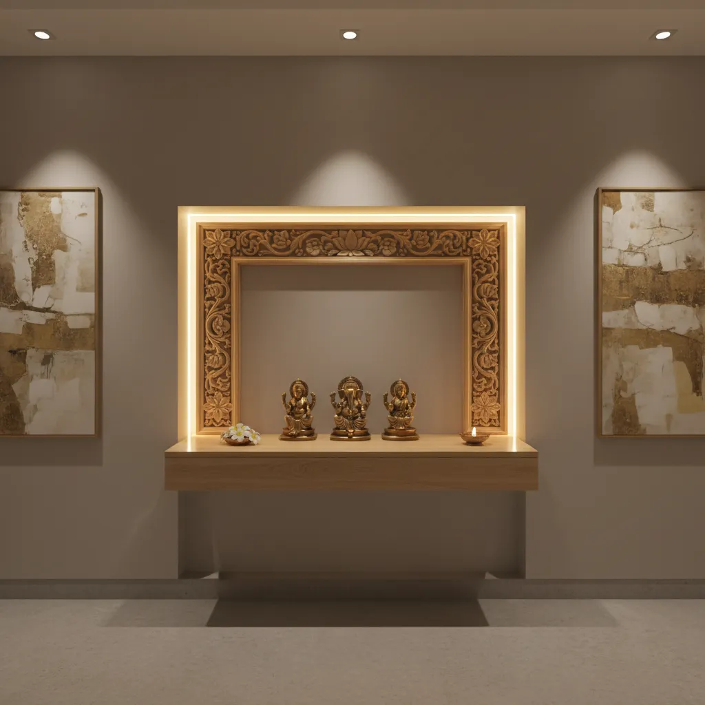floating pooja shelf with warm lighting and decorative panel