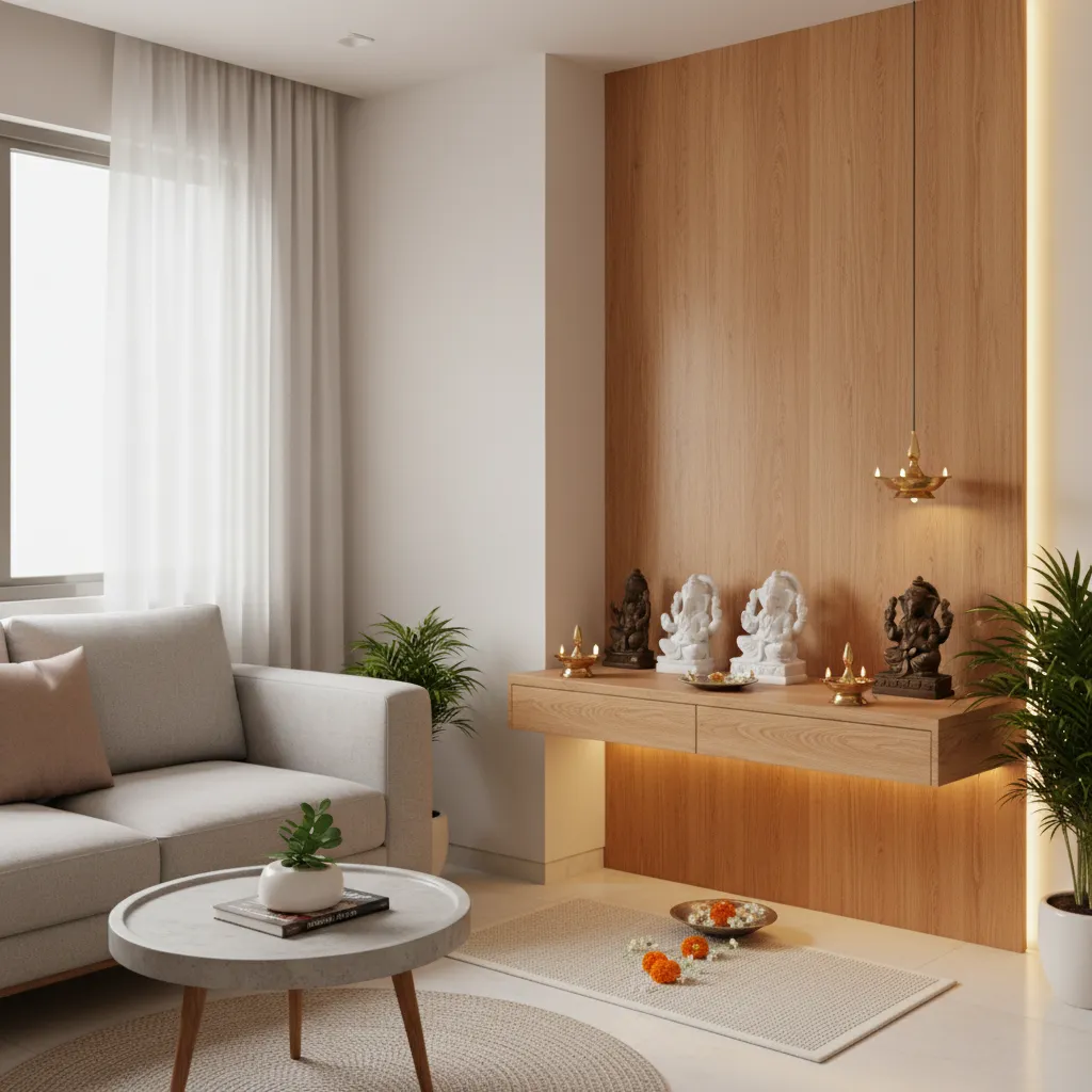 floating wooden pooja shelf on wall in small living room