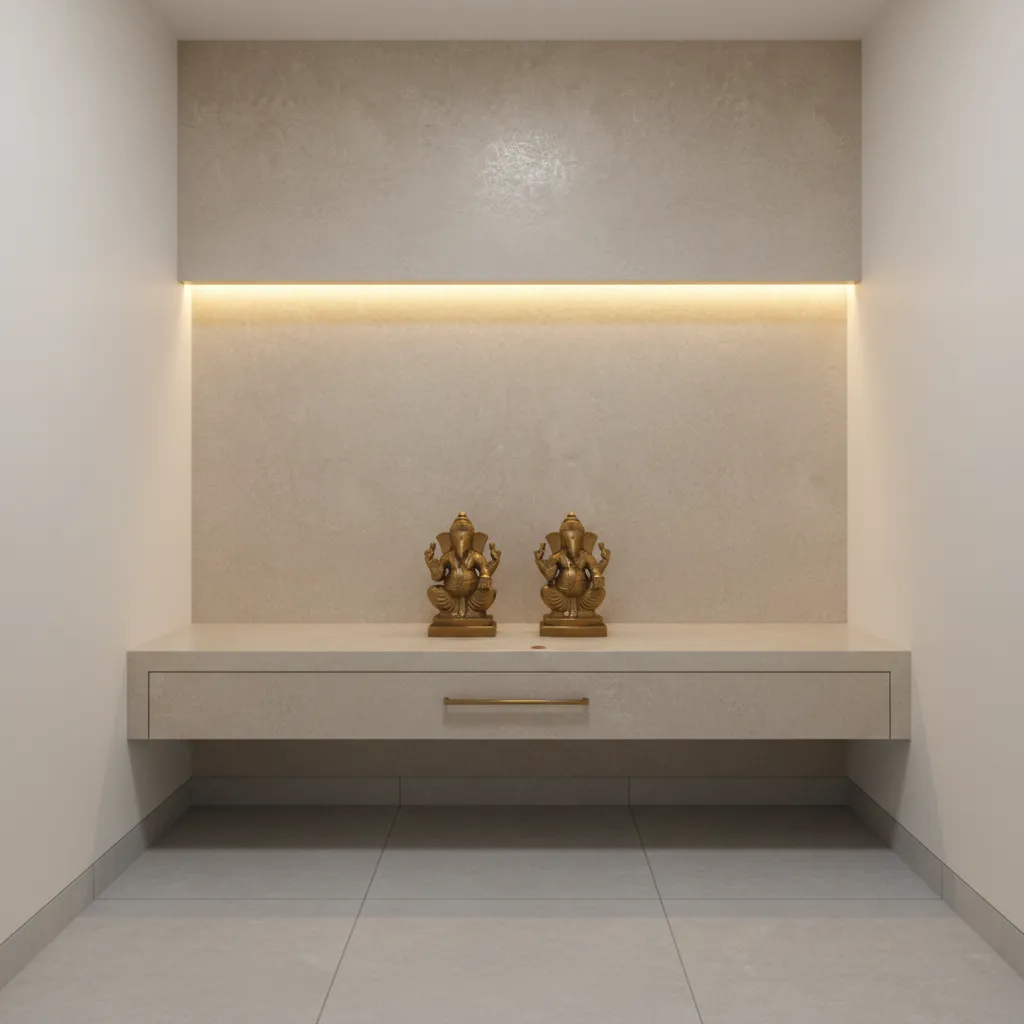 floating pooja slab with hidden storage drawer