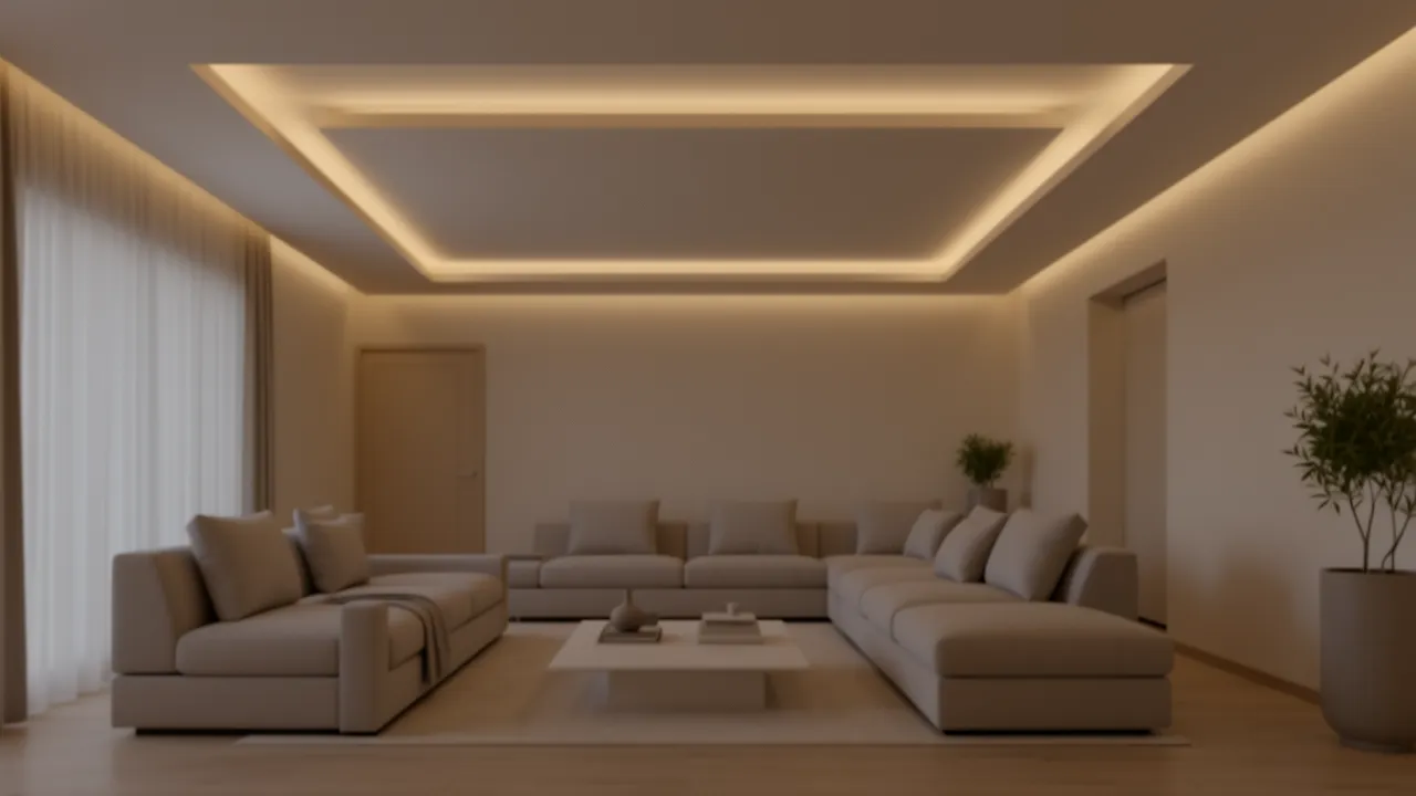 Floating POP ceiling with hidden LED strip lighting in modern living room