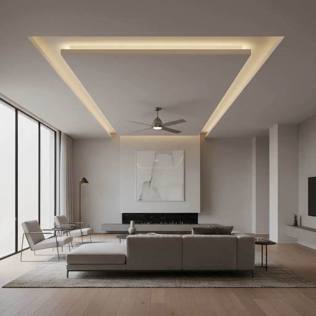 floating POP ceiling panel with hidden lighting and ceiling fan