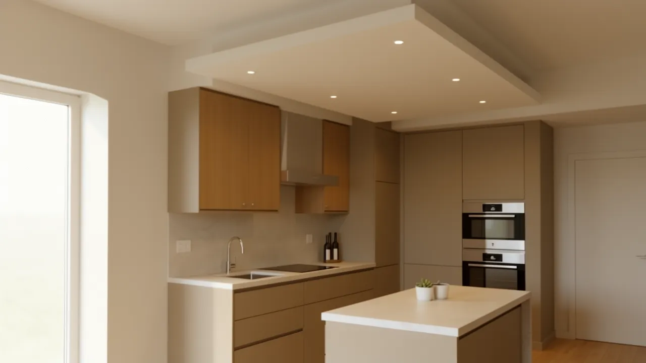 Floating POP ceiling panel above compact kitchen workspace